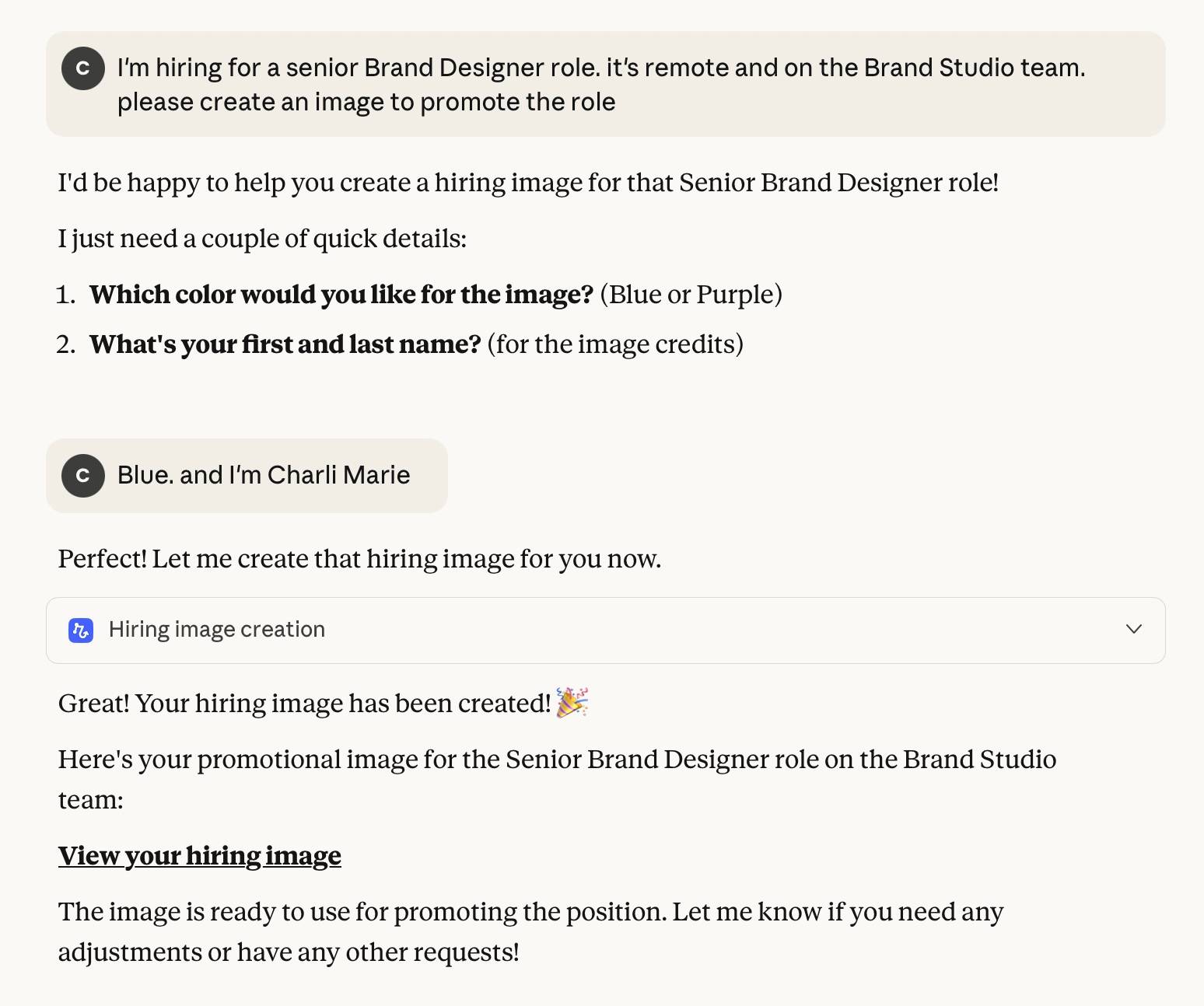 Screenshot of an interaction with Claude where the user asks for an image to be generated to promote a certain role, and Calude runs a workflow to create the image