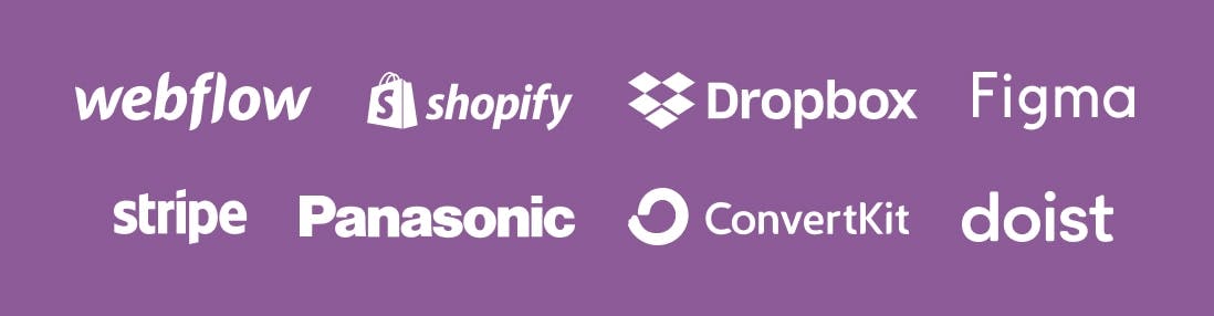 Logos of brands that have been included in the podcast, including Dropbox, Webflow, Shopify, Figma, Stripe, Panasonic, Converkit, doist