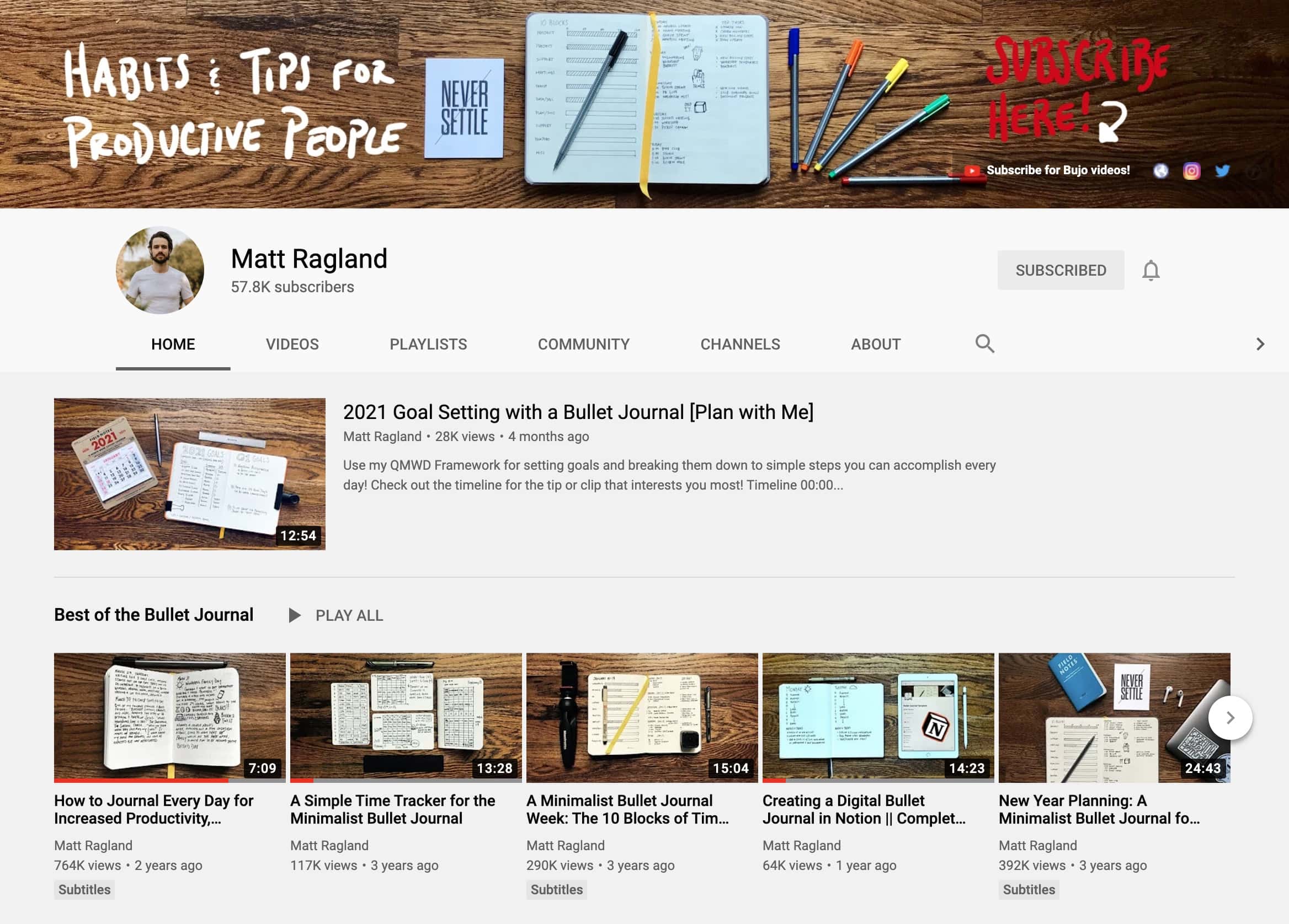 A screenshot of Matt's YouTube channel page. He has a busy, interesting header of an open bullet journal with coloured pens beside it. It reads 'habits and tips for productive people'