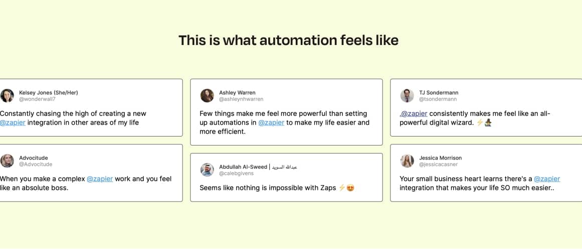 Screenshot of tweets featured on Zapier's site