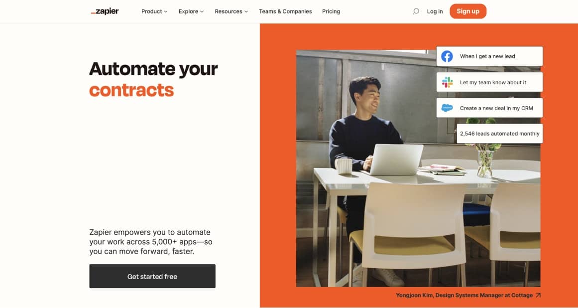 "Automate your contracts" - screenshot of a Zapier web page