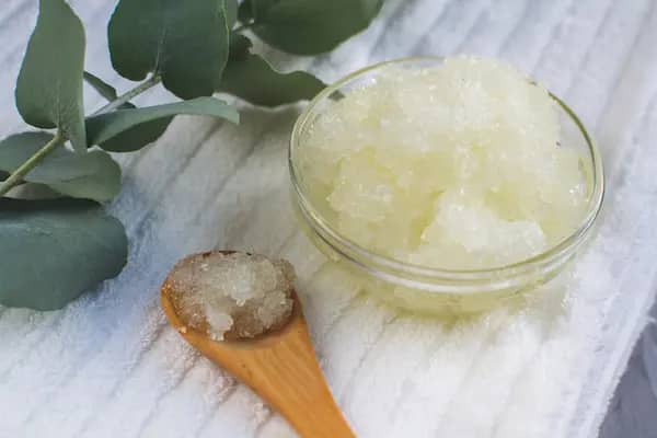 jar of 3 ingredient sea salt scrub with essential oils