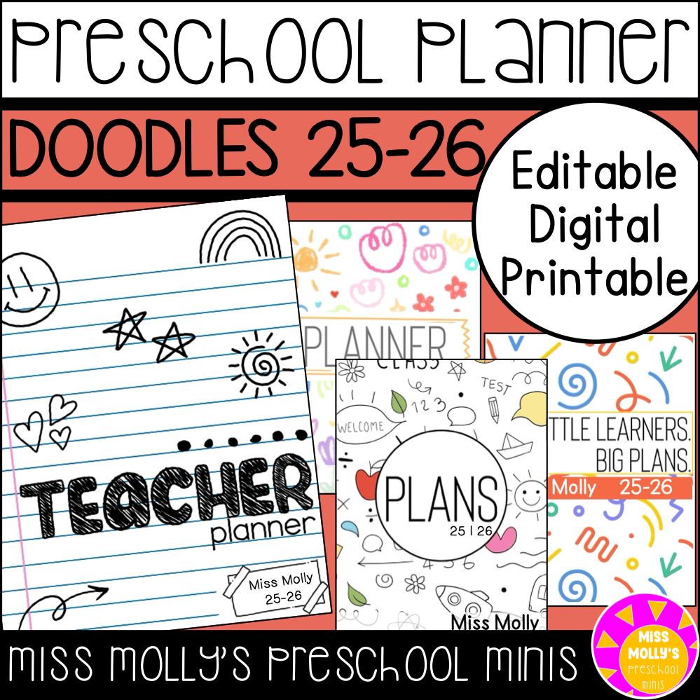 Editable Preschool Teacher Planner | 25-26 Lessons - Calendar | Doodle Design