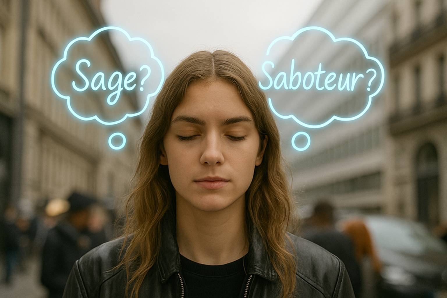 A woman in a city with her eyes closed thinking and thought bubbles reading "Sage?" and "Saboteur?" above her head