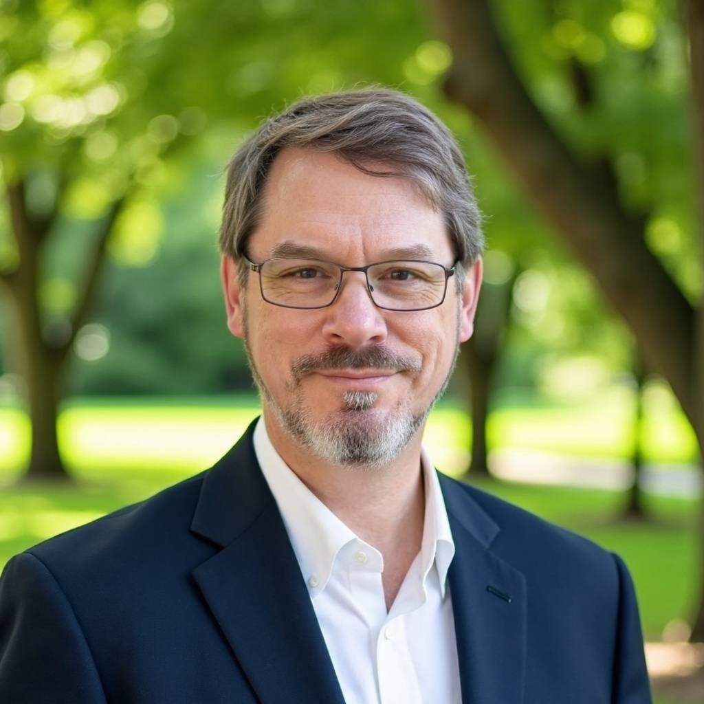 An image of Steve Semler, the author, with a shady park background outdoors in the spring or summer