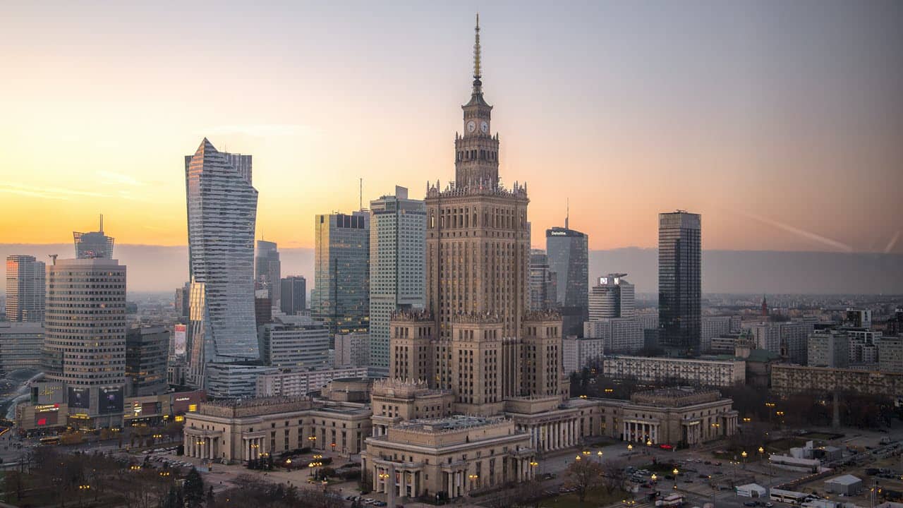 The skyline of central Warsaw in Poland