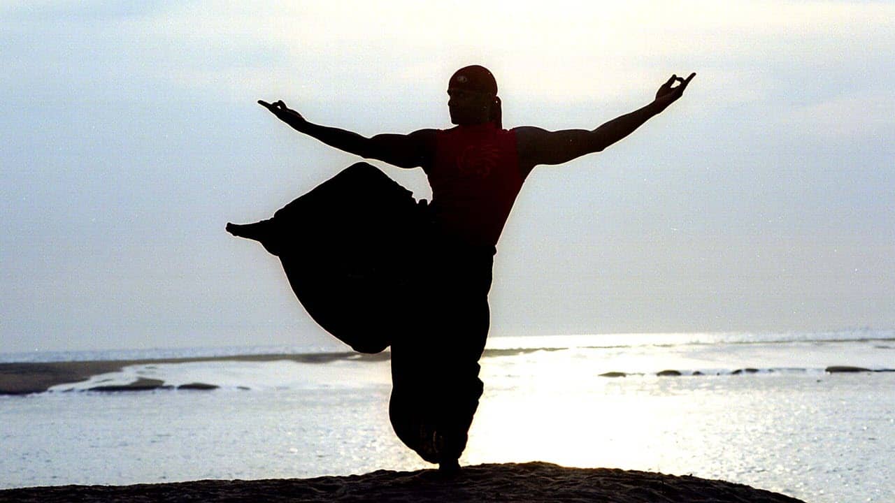 A martial artist balancing on one leg on top of a rock
