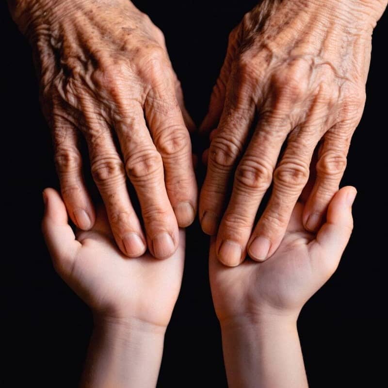 Old hands cradling the younger ones.