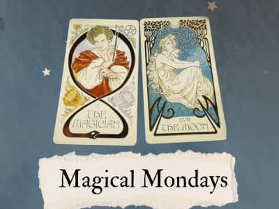 Two tarot cards side by side: The Magician and The Moon. "Magical Mondays" is in a classic font beneath the image.