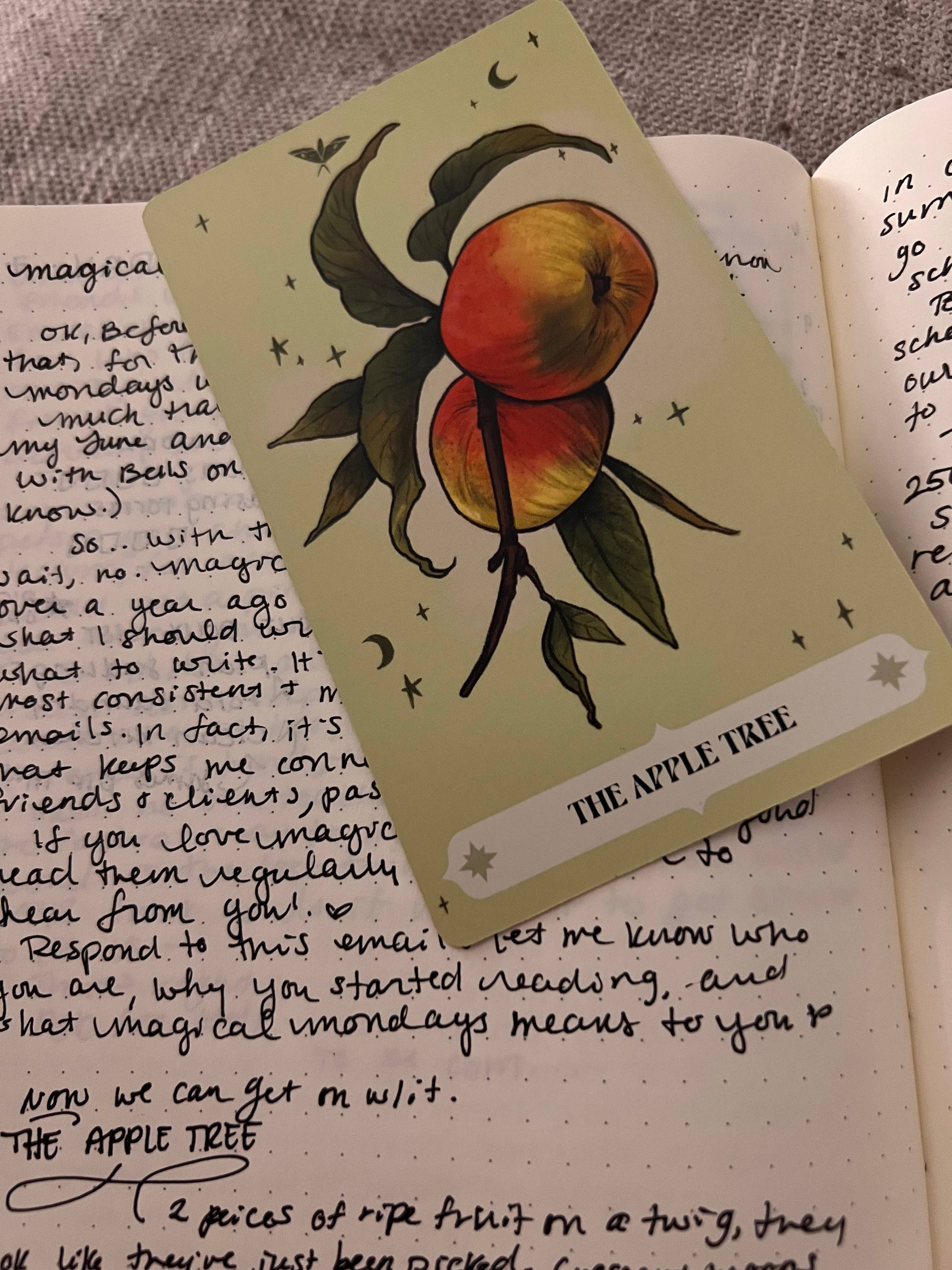 The Apple Tree card on top of a notebook full of writing