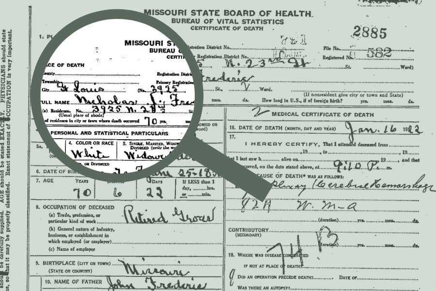 death certificate with a magnifying glass over it.