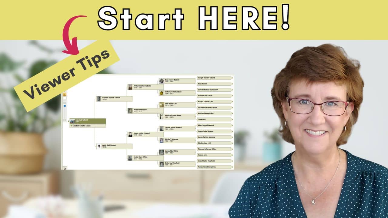 Pic of woman in green shirt. Sample pedigree tree. Text reads start here, viewers tips