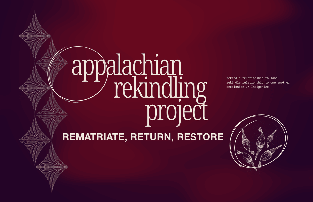 A dark red background with abstract shapes and seeds, with the organization's logo in the center