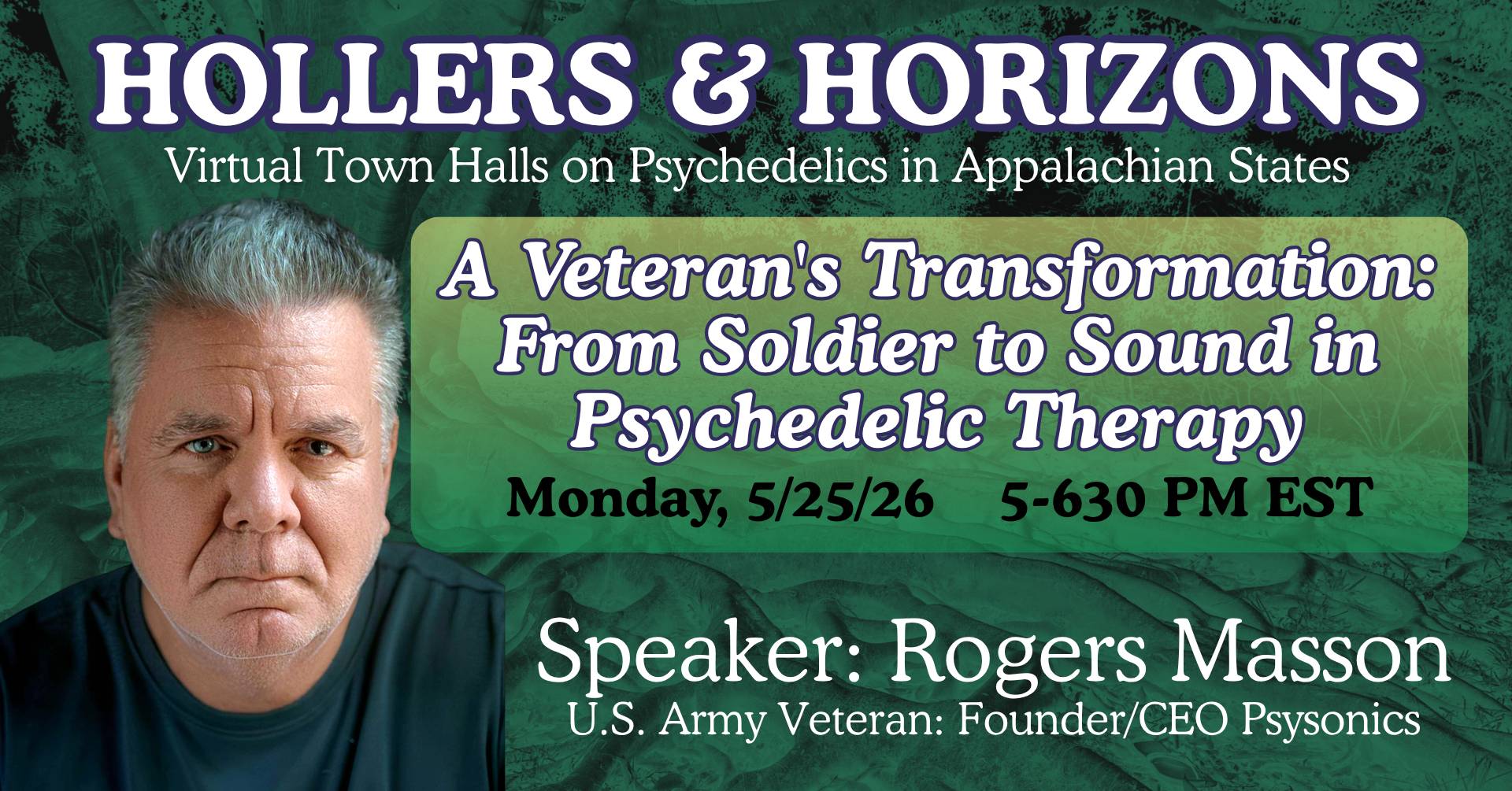 A man's face with a serious expression, surrounded by text giving the details of the Hollers and Horizons event.