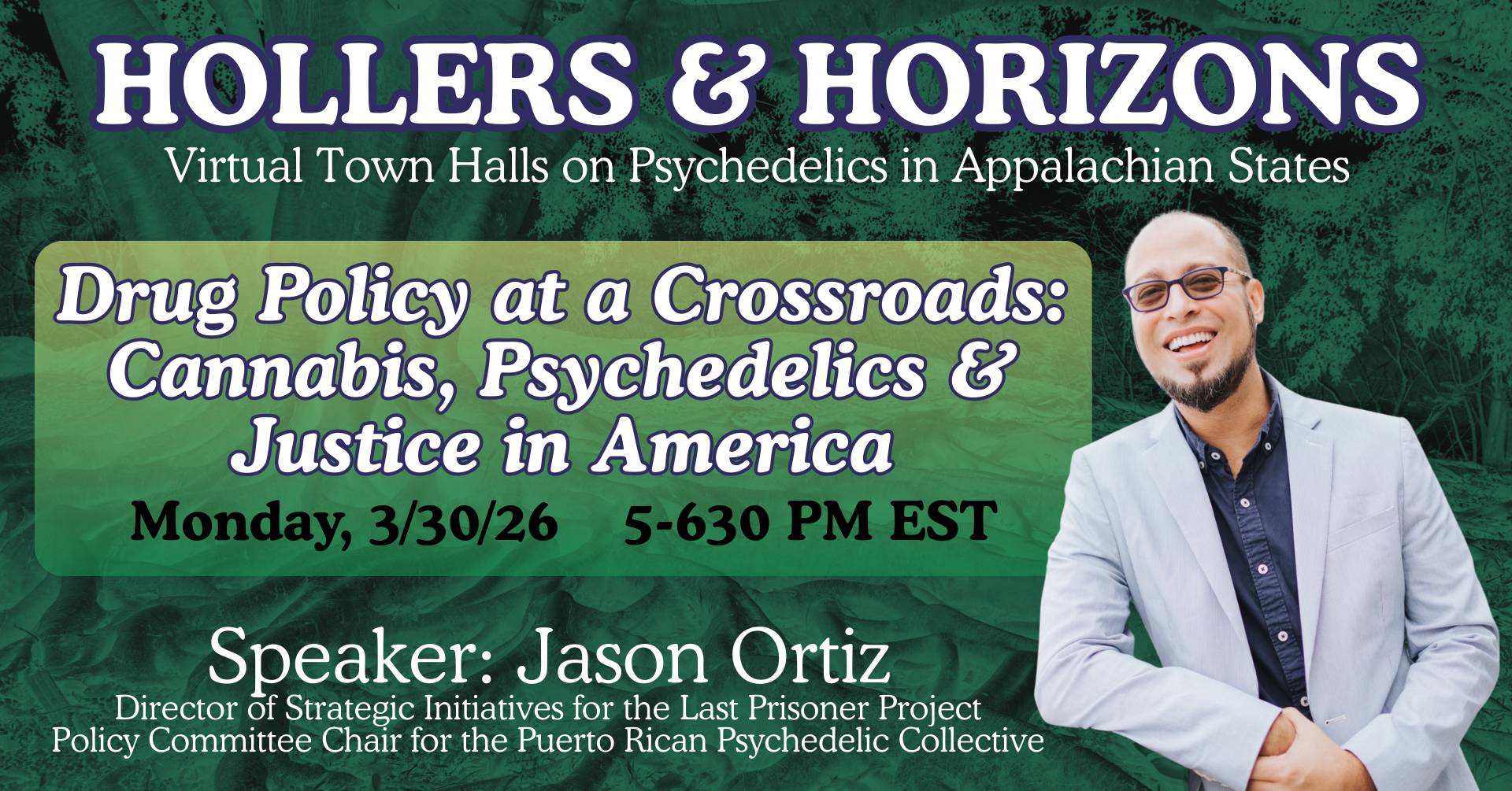 A smiling man in glasses wearing a suit jacket, with text about the event