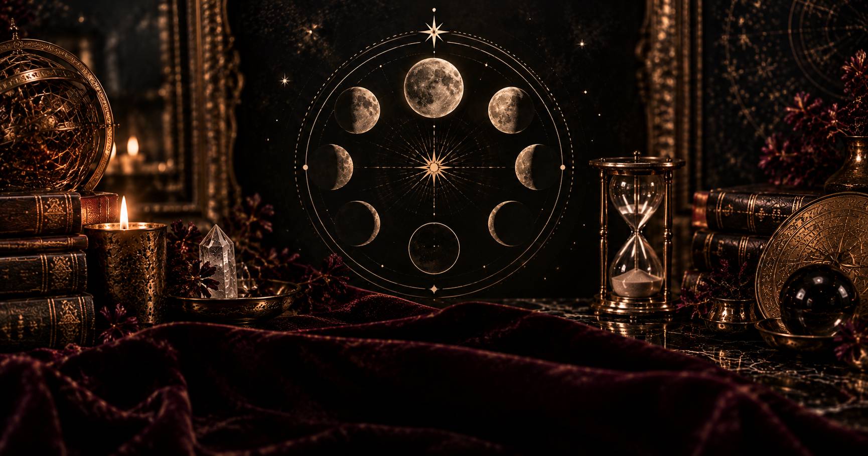 A gold line-art wheel of moon phases beside an hourglass, set against a dark background with candlelight, crystals, and antique books