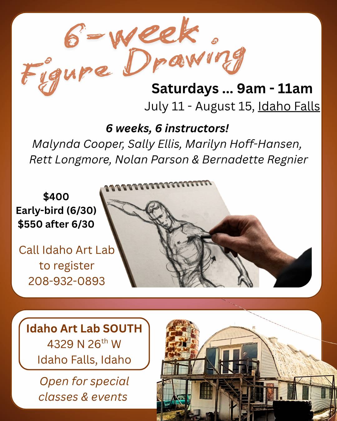 Flier for the 6-week Figure Drawing Course with a link to the page with all the information. There is an image of an artist sketching a male model.