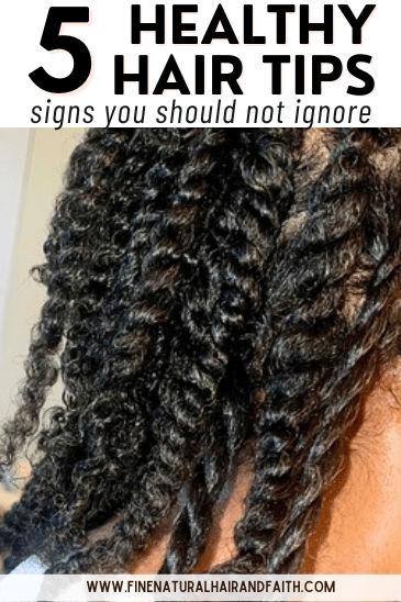 Close-up image of textured hair styled in twists with overlay text reading "5 Healthy Hair Tips: Signs You Should Not Ignore."