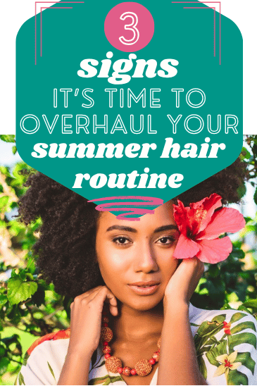 summer hair care tips with a black woman having naturally curly hair and summer background