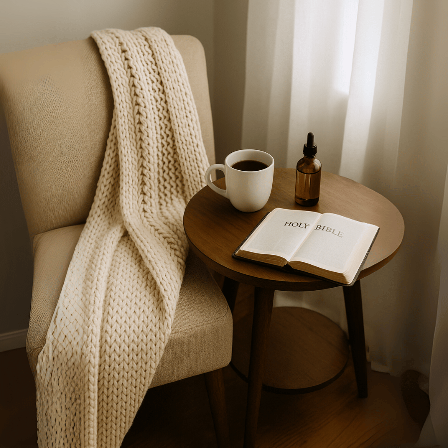 A cozy reading nook with a beige armchair draped in a chunky knit cream blanket, next to a round wooden side table holding an open Bible, a white mug of tea, and a small amber glass bottle of hair oil, all lit by soft natural light through sheer curtains.