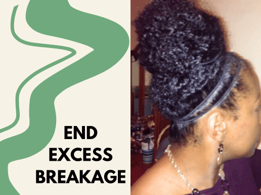 End excess breakage is written to the left of an image of a woman with long curly hair up in a high bun