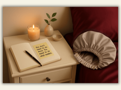 A bedside scene with a journal, pen, sticky note, candle, flowers, and a beige satin bonnet on burgundy bedding