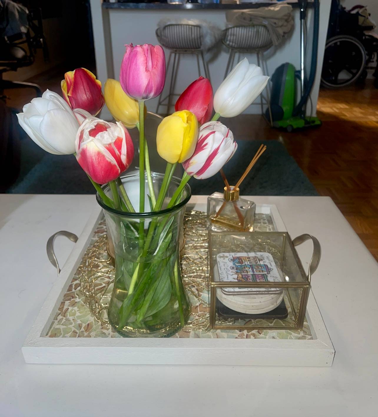 vase of colored tulips