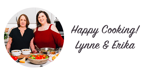 MyGourmetConnection's Lynne and Erika in the kitchen. Text to the right reads "Happy Cooking! Lynne & Erika."