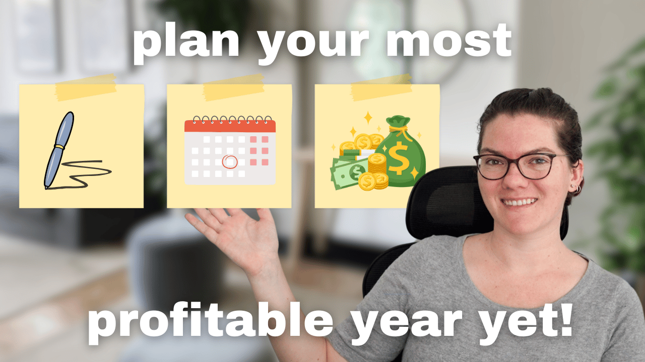 Nina posing in front of three post it notes that show a pen, a calendar with a date circled, and a bag of money. It reads "plan your most profitable year yet!". 