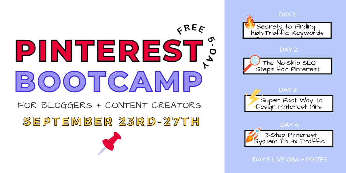 Free 5 Day Pinterest Bootcamp banner. Runs from September 2rd to 27th 2024