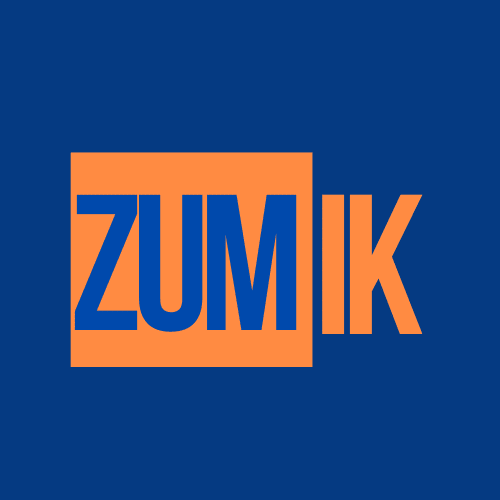 Logo with the letters "ZUMIK" in bold, blue text. The first four letters are set against an orange rectangle, while the last two letters are directly on a blue background.