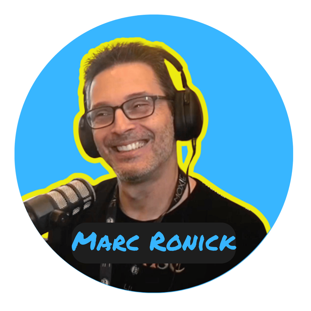 Picture of Marc Ronick smiling with headphones on and in front of microphone