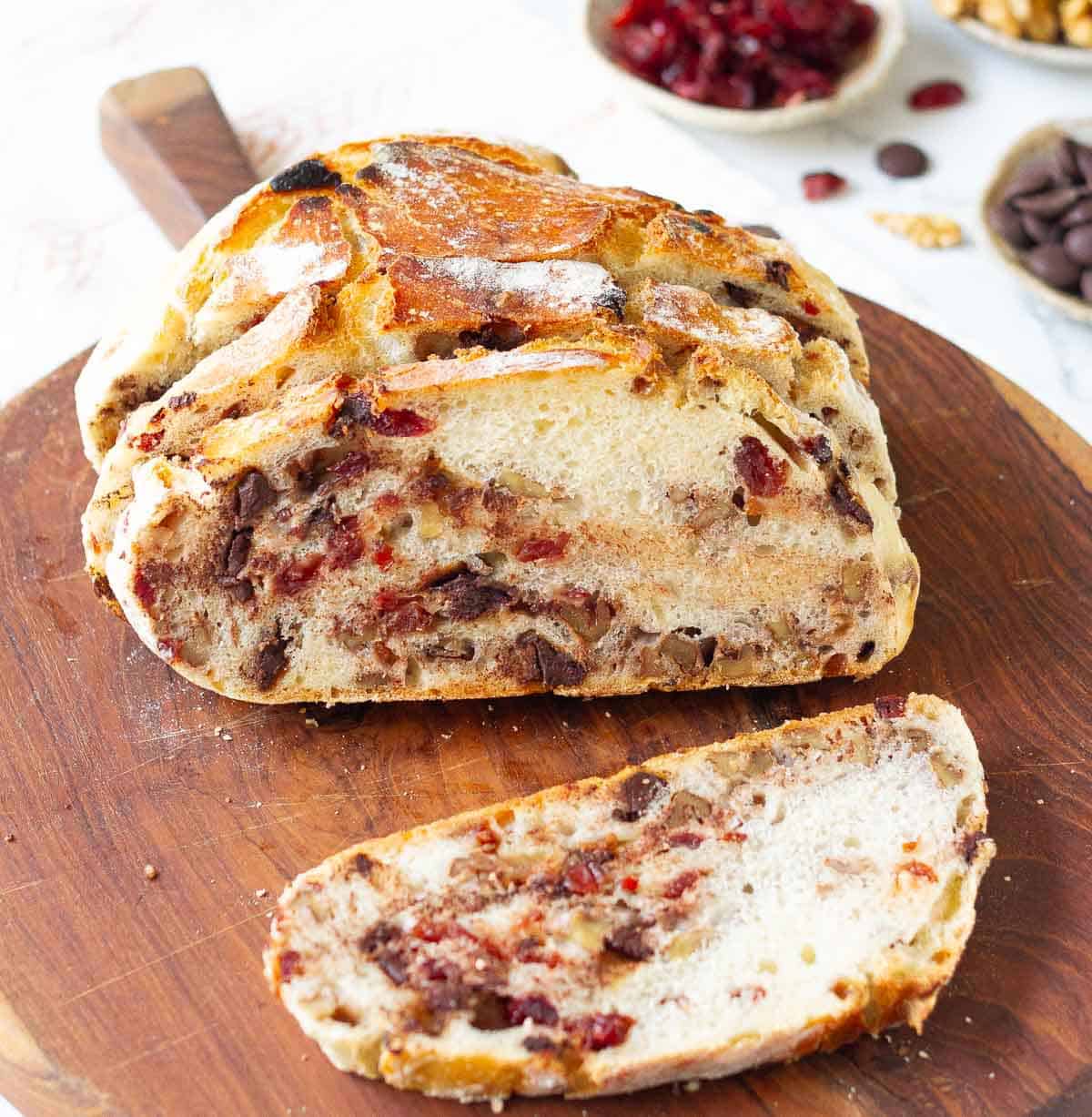 Sliced no-knead cranberry walnut bread.