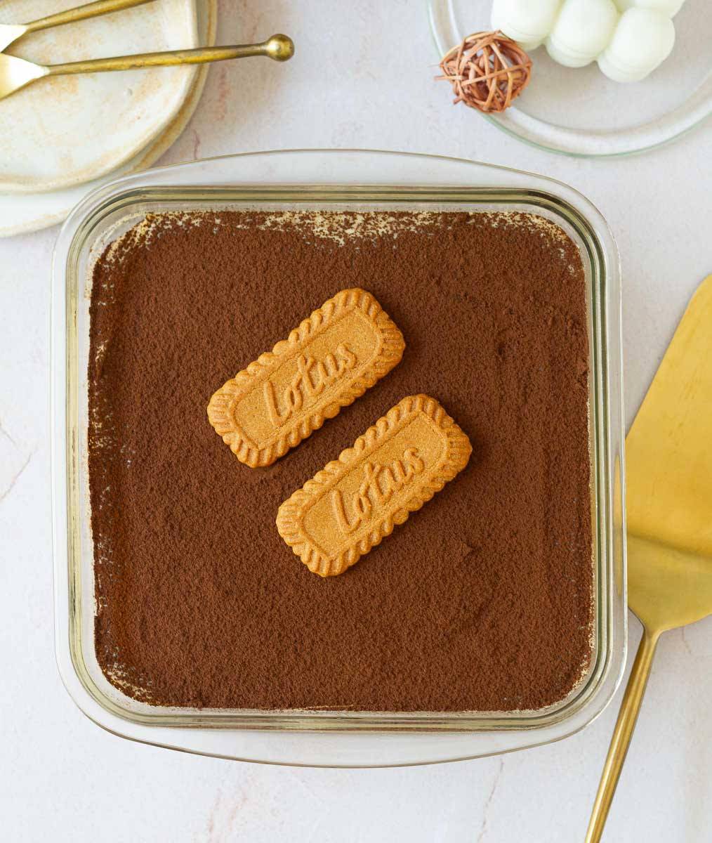 Biscoff tiramisu in a square dish.