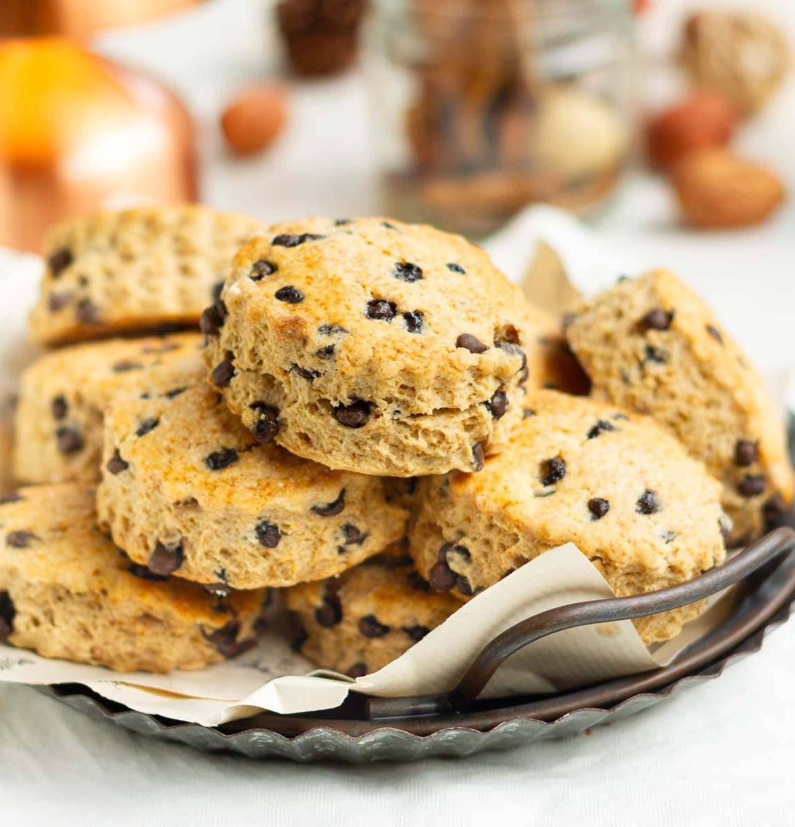 Cinnamon chocolate chip scones on a tray.