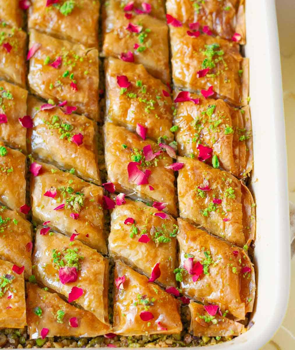 Baklava in a rectangular dish.