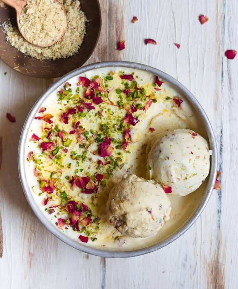 Thandai icecream with 2 scoops on top.