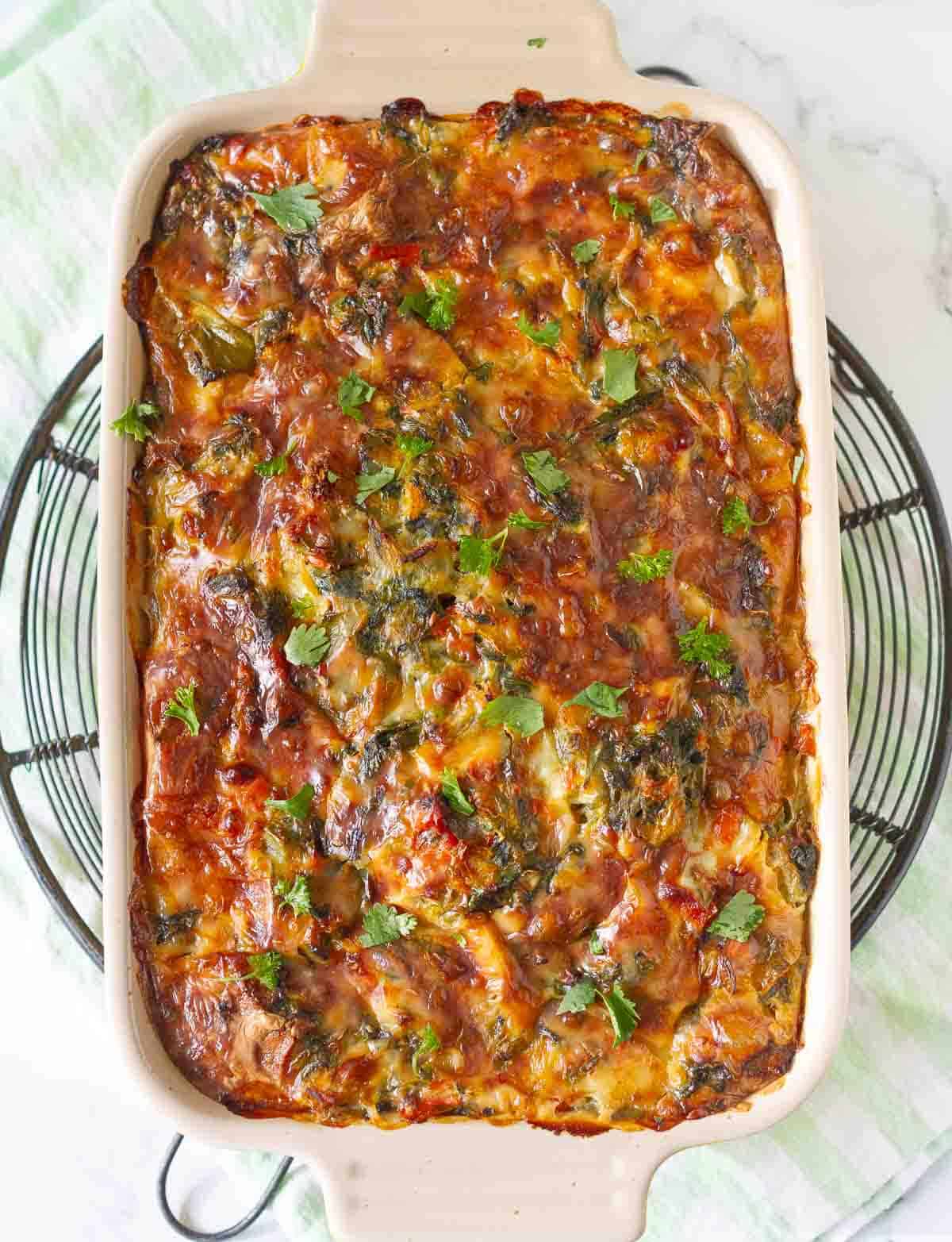 breakfast casserole in a rectangular baking dish.