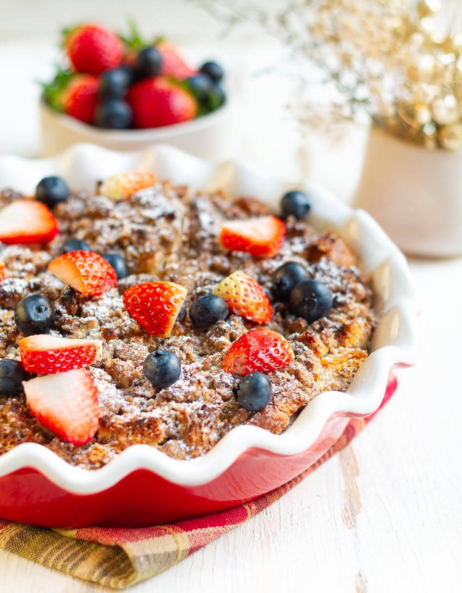 French toast casserole in a baking dish.