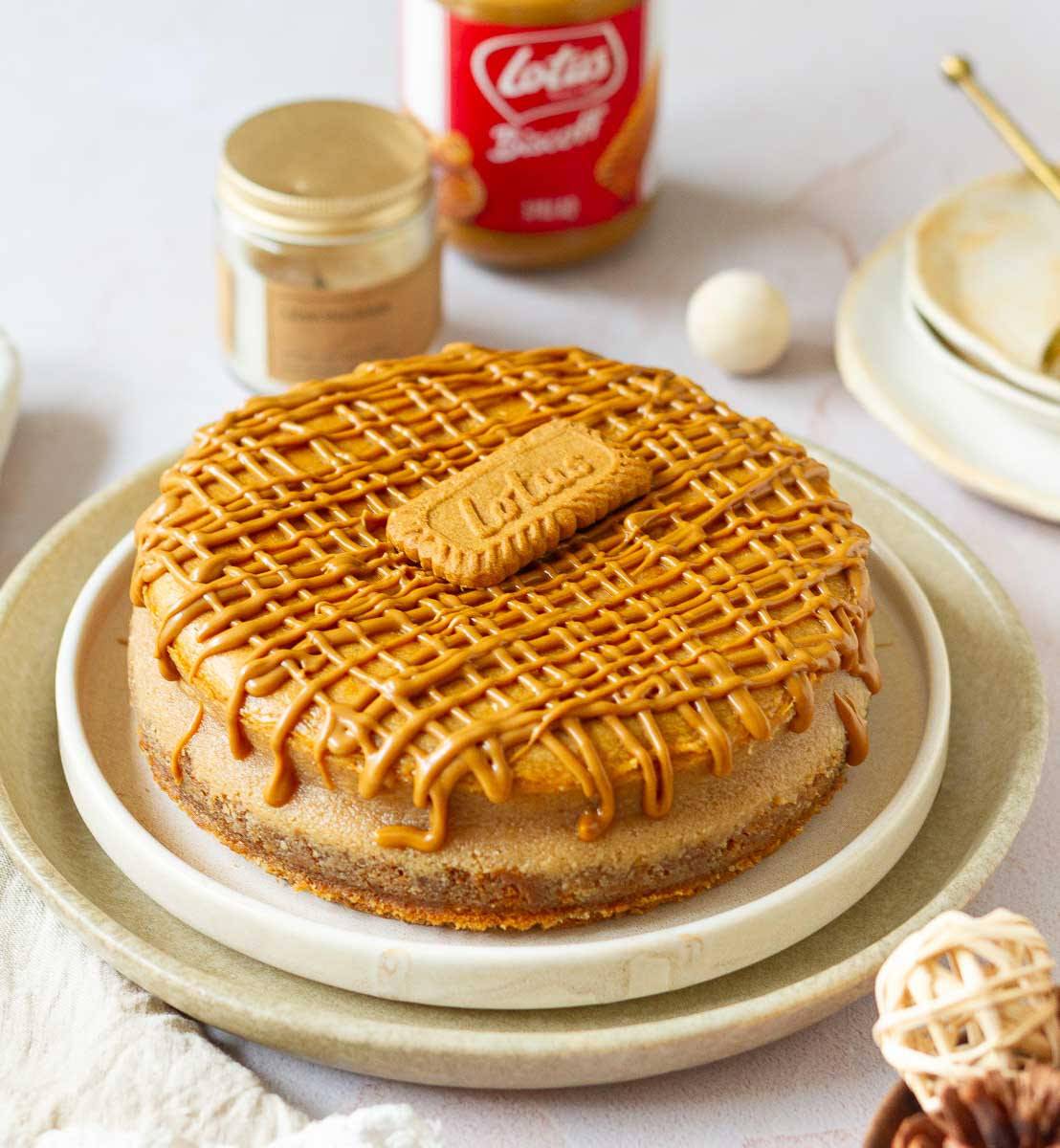 Biscoff cheesecake on a platter.