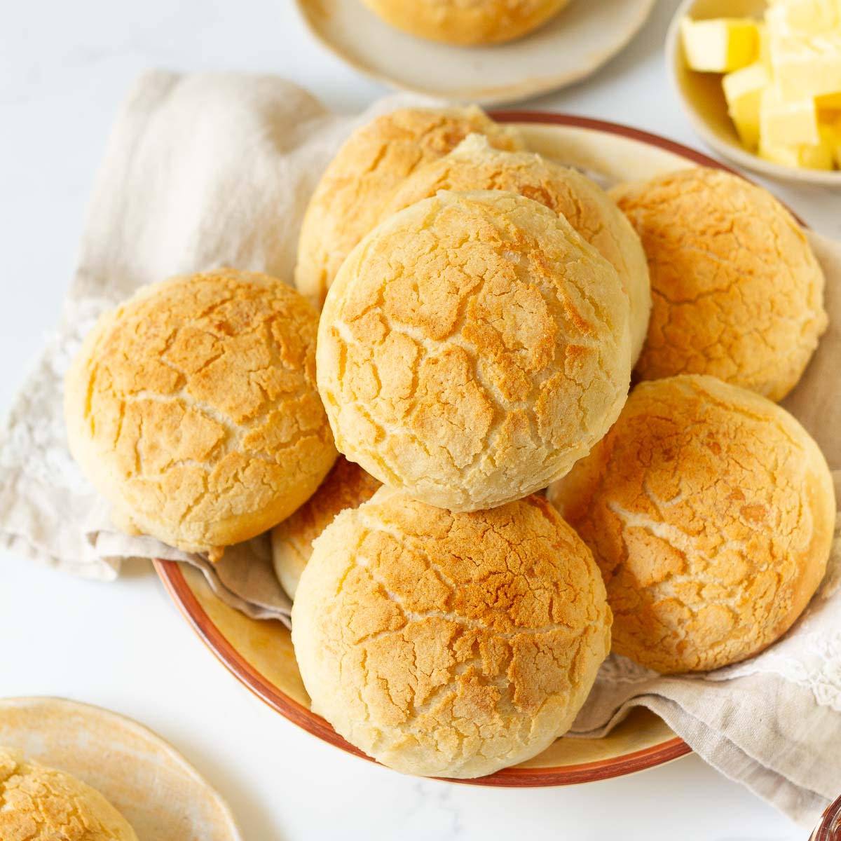 tiger bread rolls in a bowl.