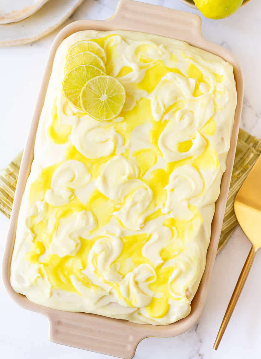 Lemon tiramisu in a rectangular dish.