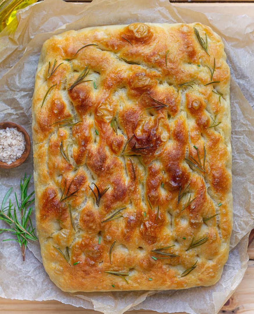 No knead focaccia with sea salt and rosemary.