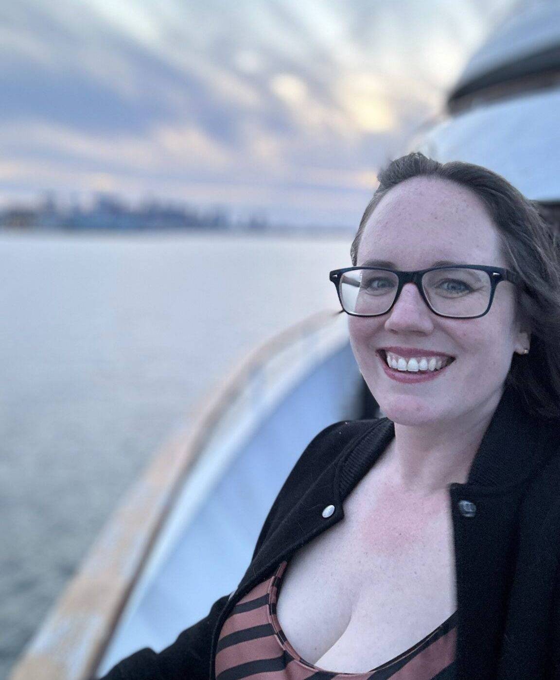 Eileen on a ferry in Boston, MA