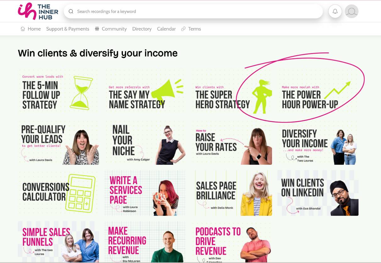 A screenshot of the members portal showing a variety of videos available, the power hour power up video is highlighted with a pink circle