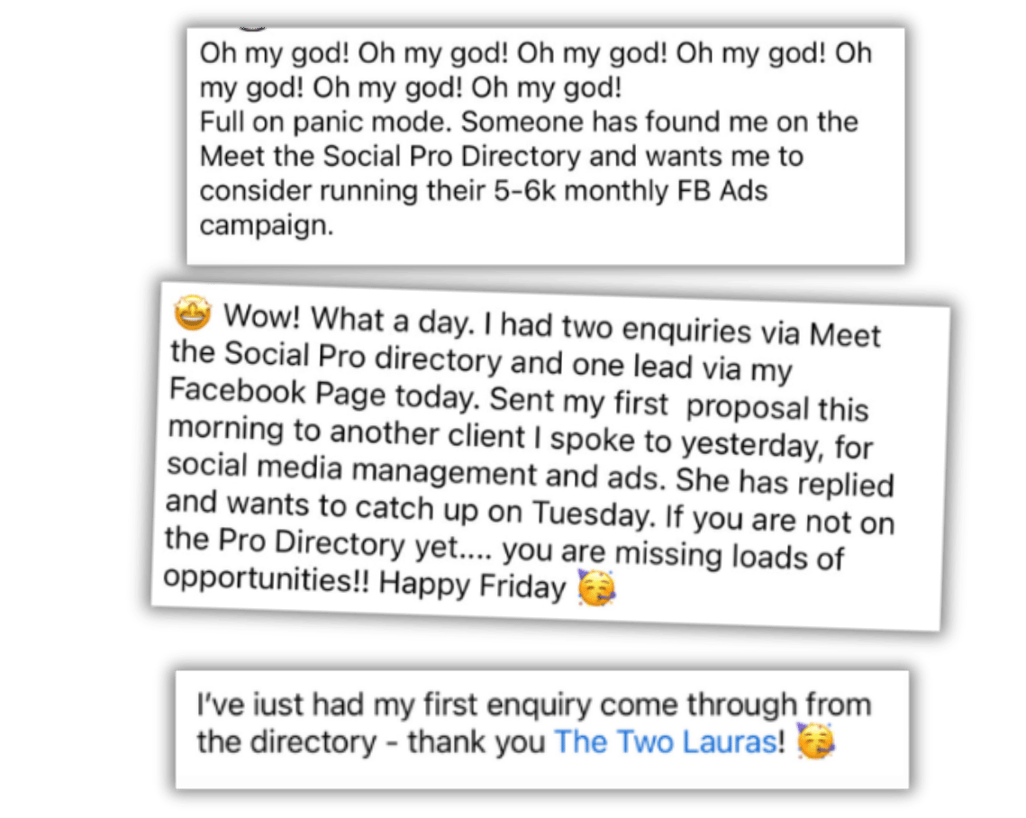 Screenshots of comments about the directory from members saying they have had leads and clients from it