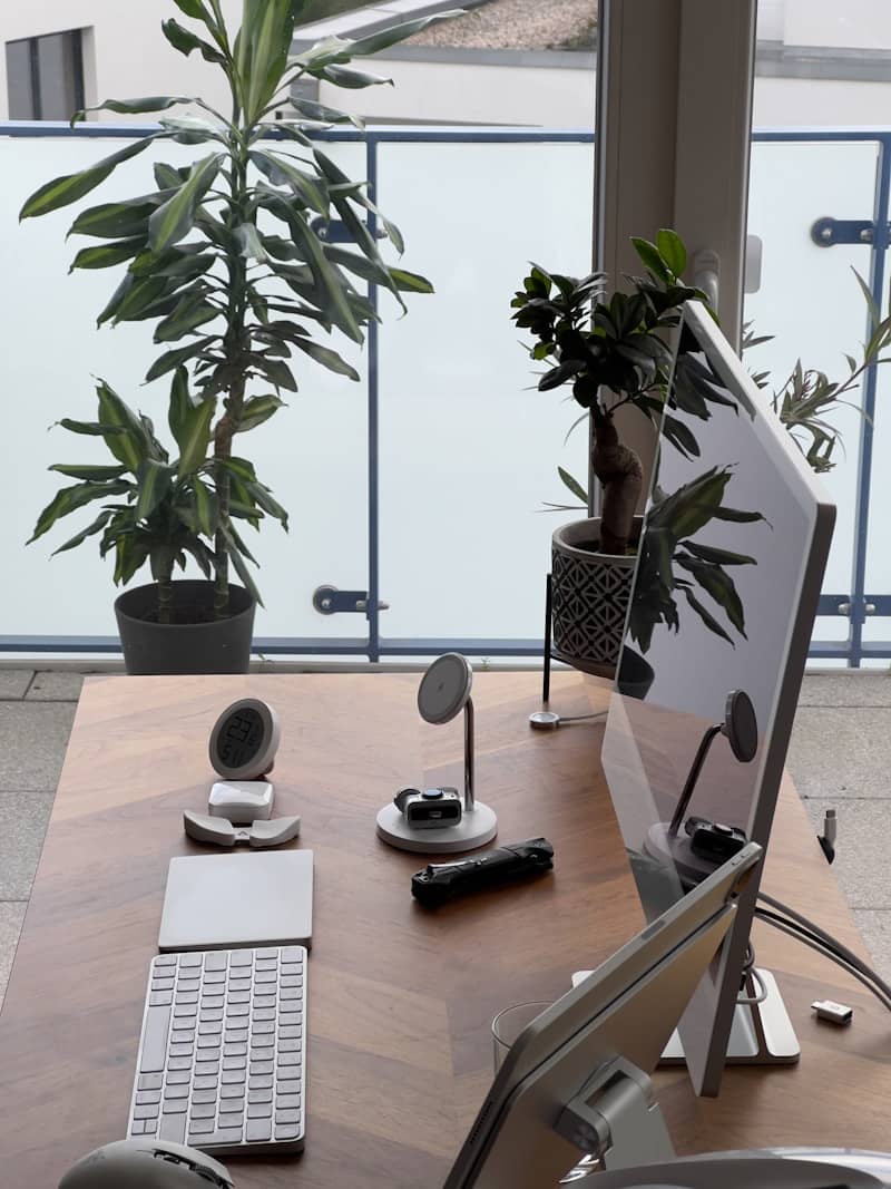 Desk with computer, keyboard, and plants by window