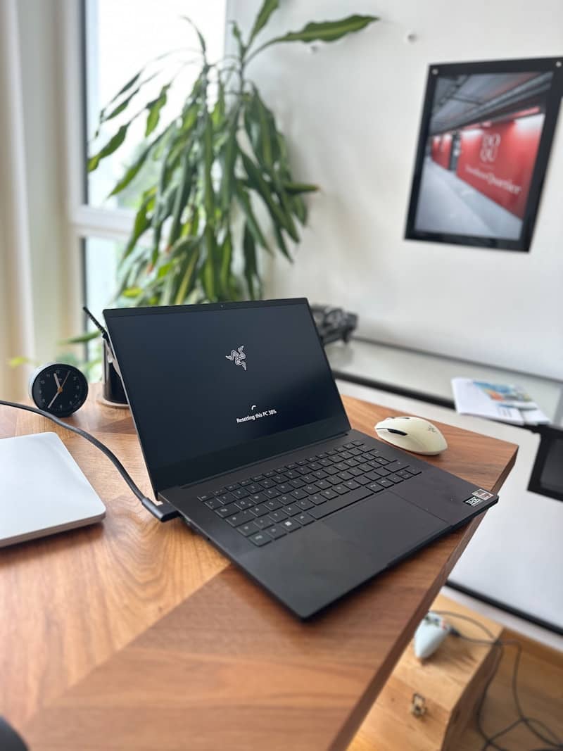 Open black laptop on a wooden desk with plant.