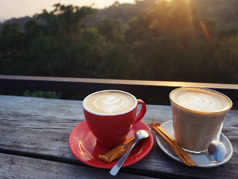 Two coffees on a table with a forest background.