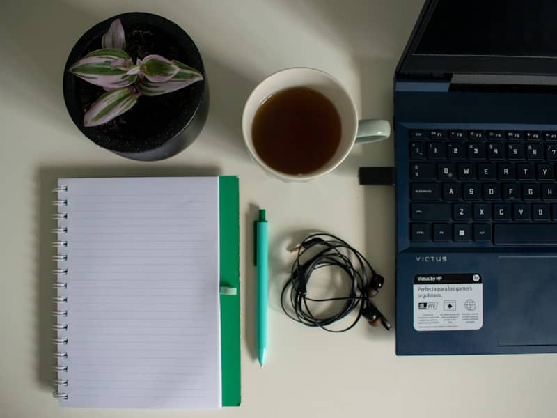 Desk setup with laptop, notebook, tea, and plant